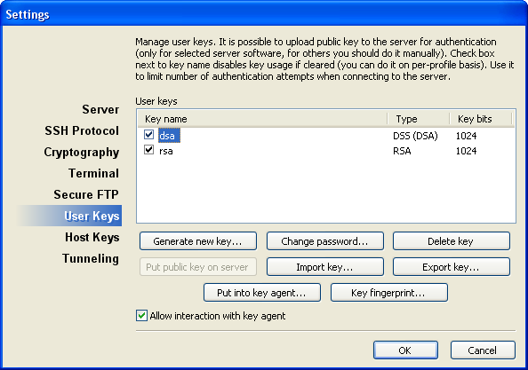 User Keys Settings